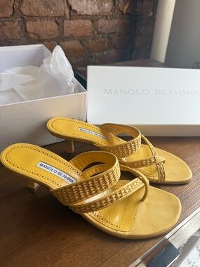 Manolo Blahnik Susa Yellow Raffia Sandal, 50mm